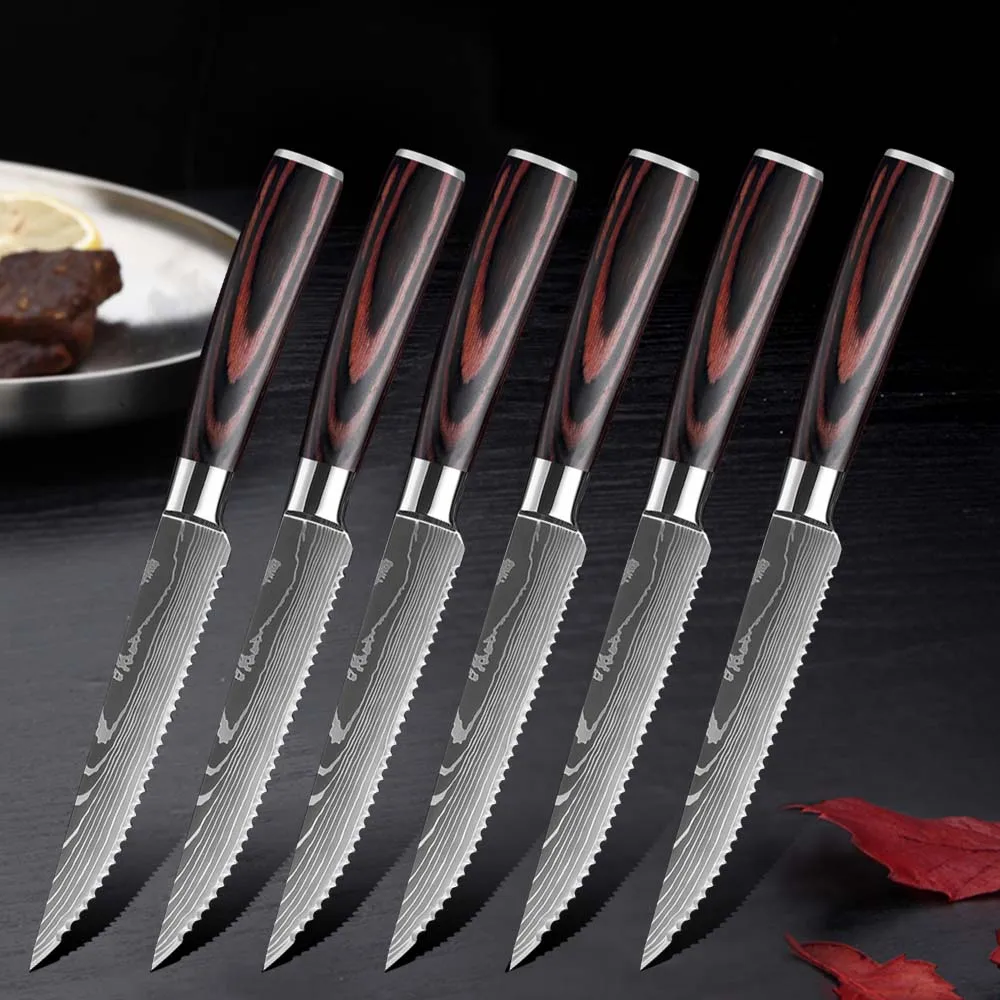 חברים במטבח סכין בשר סט סכיני בשר 3/6/8 יחידות עם להבי דמשקוס מנירוסטה, ידיות עץ